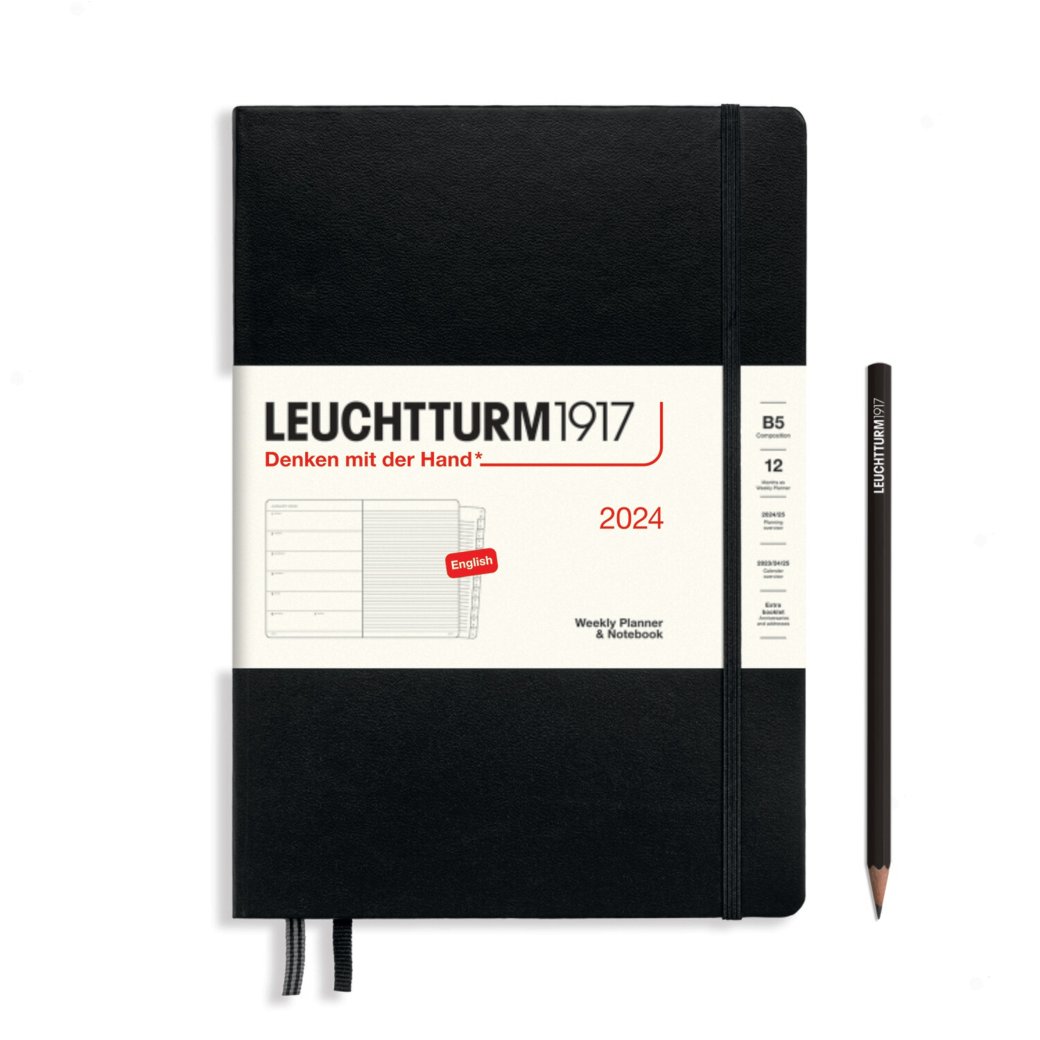 Black, Weekly Planner &amp; Notebook Composition (B5) 2024, with extra booklet, English