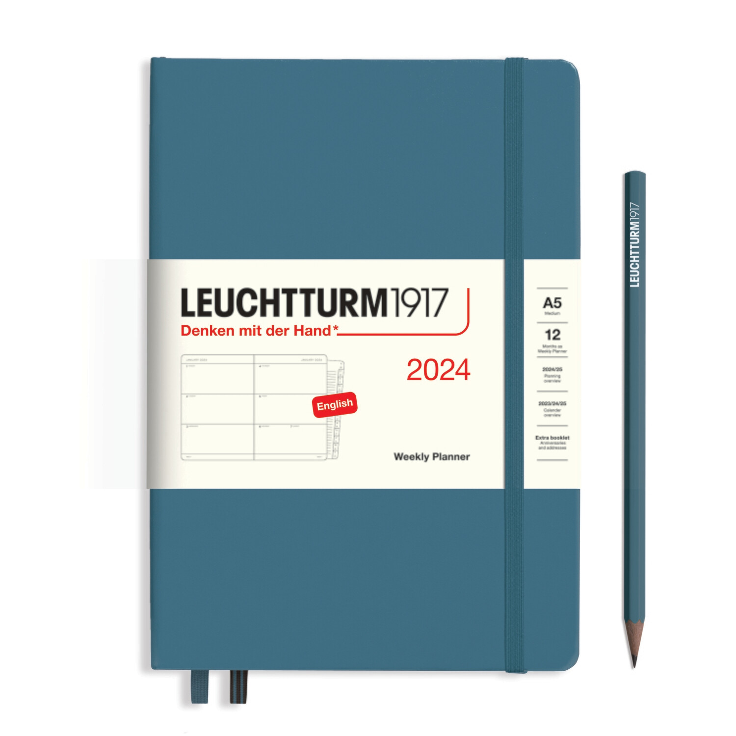 Stone Blue, Weekly Planner Medium (A5) 2024 with extra booklet, English
