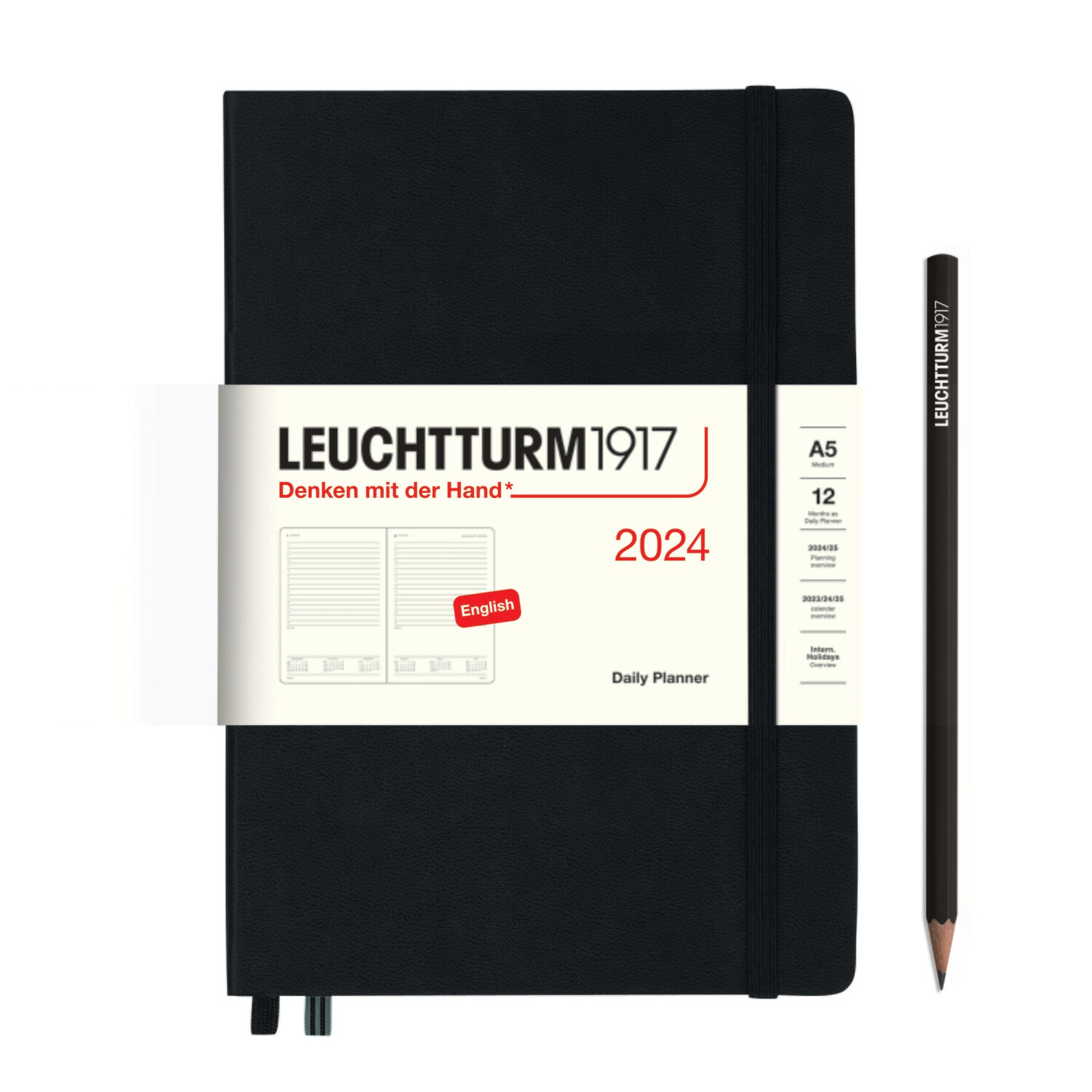 Black, Daily Planner Medium (A5) 2024, English