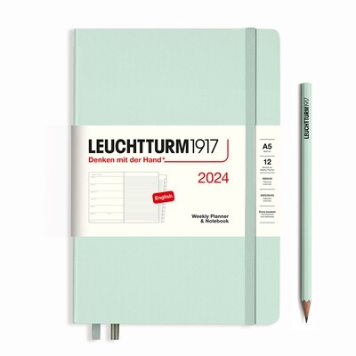Mint Green, Weekly Planner &amp; Notebook Medium (A5) 2024, with extra booklet, English