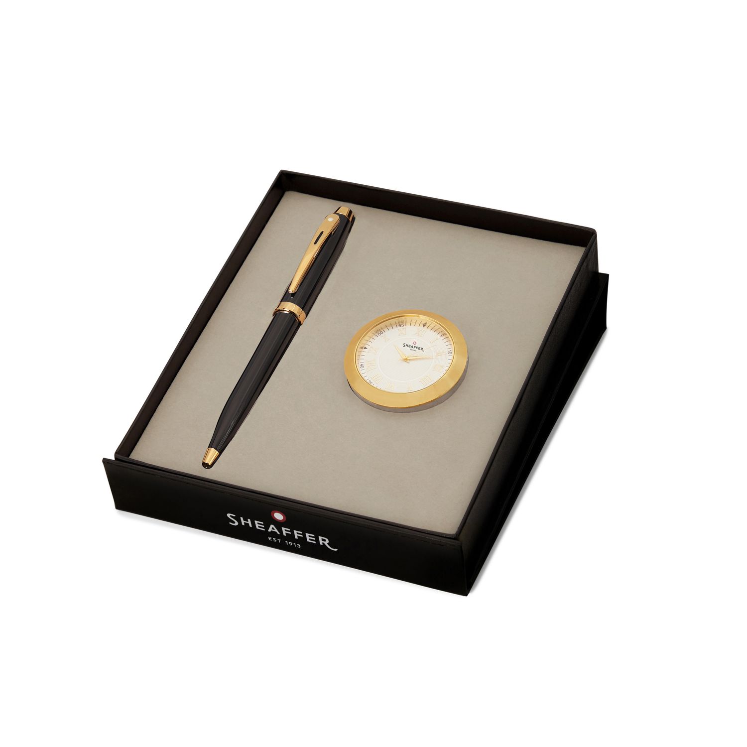Sheaffer Gift Set ft. Glossy Black 100 Ballpoint Pen with Gold Trims and Table Clock