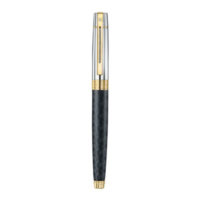 PEN SHEAFFER 300 E9347 ENGRAVED MATT BLACK BARREL AND SHINY CHROME CAP, PVD GOLD TRIMS MEDIUM FP