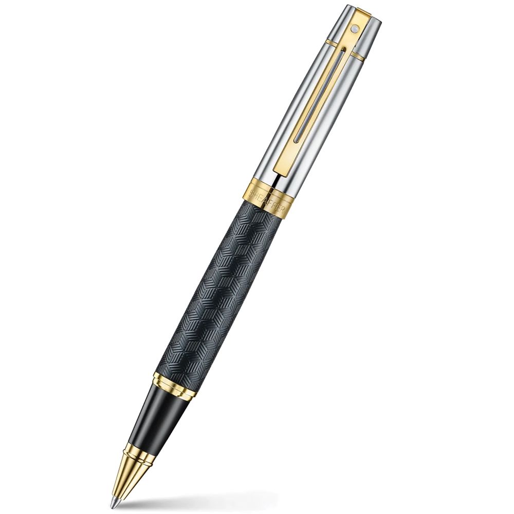PEN SHEAFFER 300 E9347 ENGRAVED MATT BLACK BARREL AND SHINY CHROME CAP, PVD GOLD TRIMS MEDIUM FP