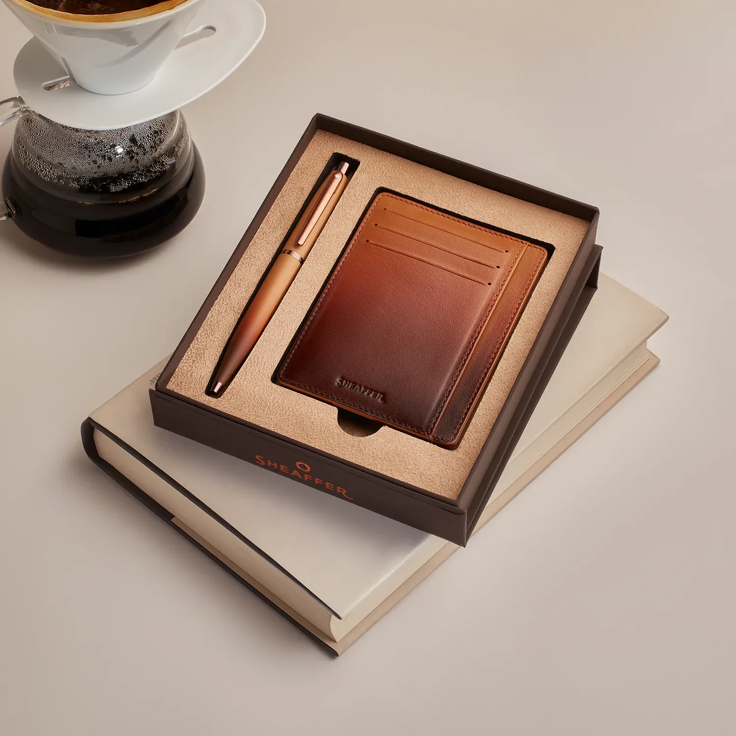 Sheaffer Gift Set ft. Coffee Edition VFM Ballpoint Pen with Regal Brown PVD Trims and Credit Card Holder