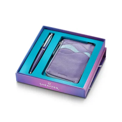 Sheaffer Gift Set ft. Expressions VFM 9430 Blue and Purple Pearlised Gradient Ballpoint Pen with Genuine Leather Card Case