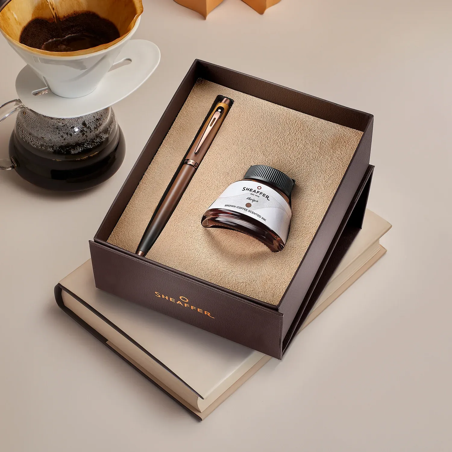 Sheaffer Gift Set ft. Coffee Edition VFM 9428 Ballpoint Pen with Regal Brown PVD Trims and Skrip Ink Bottle Brown