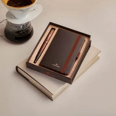 Sheaffer Gift Set ft. Coffee Edition 100 9374 Ballpoint Pen with Regal Brown PVD Trims and Small Notebook