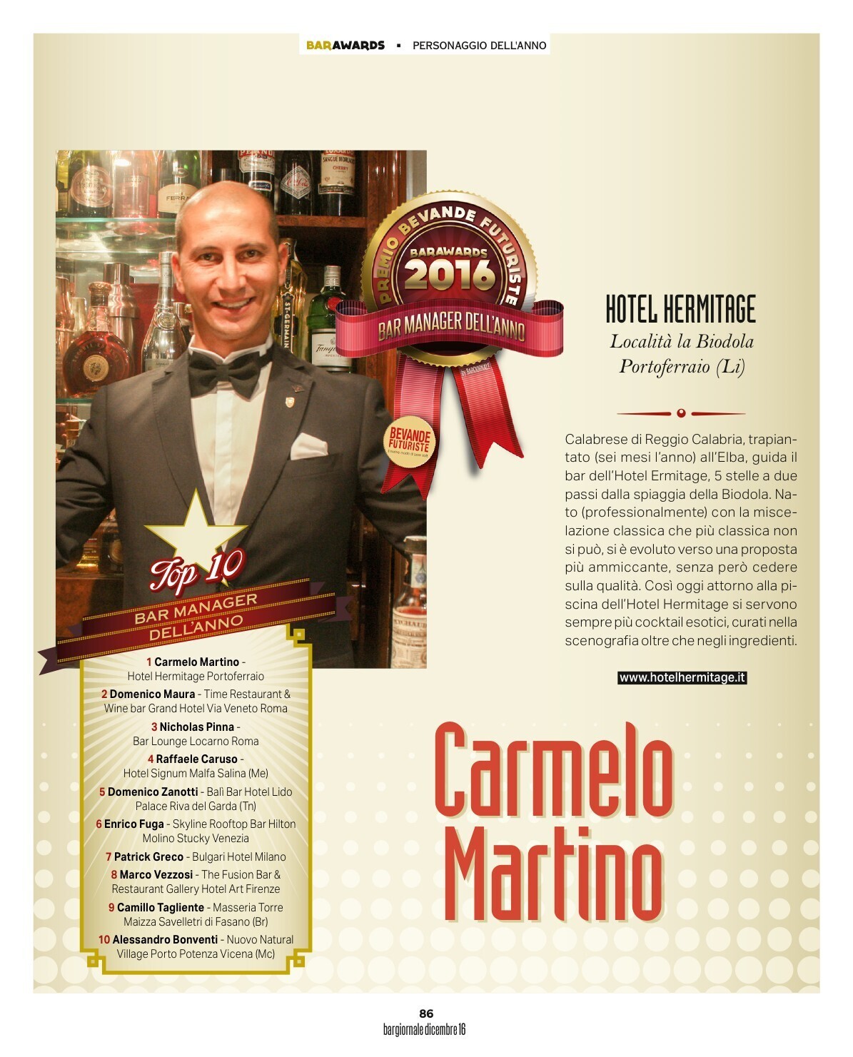 1° Classificato, miglior Bar Manager di Albergo 5 Stelle