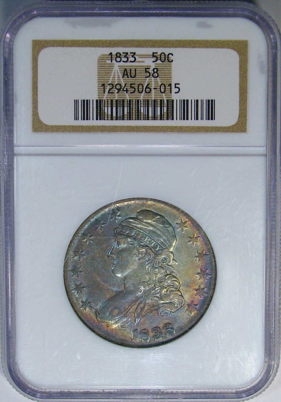 1833 50C NGC AU58 O-103A R3 CAPPED BUST ~ OUTRAGEOUS RAINBOW MONSTER!