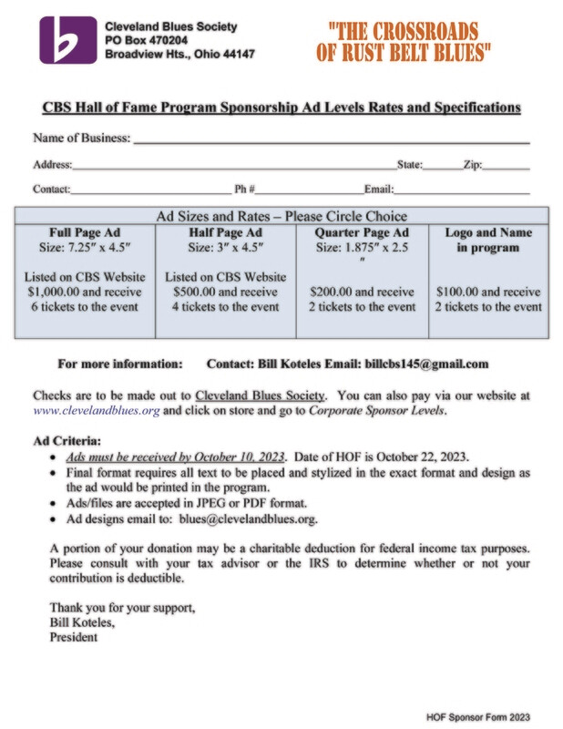 Hall of Fame Sponsorship Ad Form