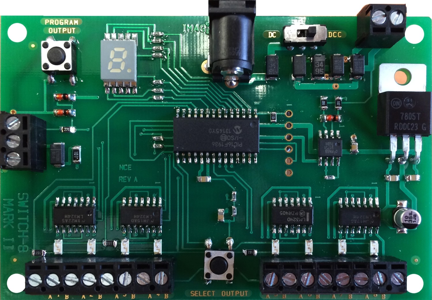 Switch8-Mk2 accessory decoder, controls 8 Tortoise switch machines. Switch8-Mk2 accessory decoder, controls 8 Tortoise switch machines.