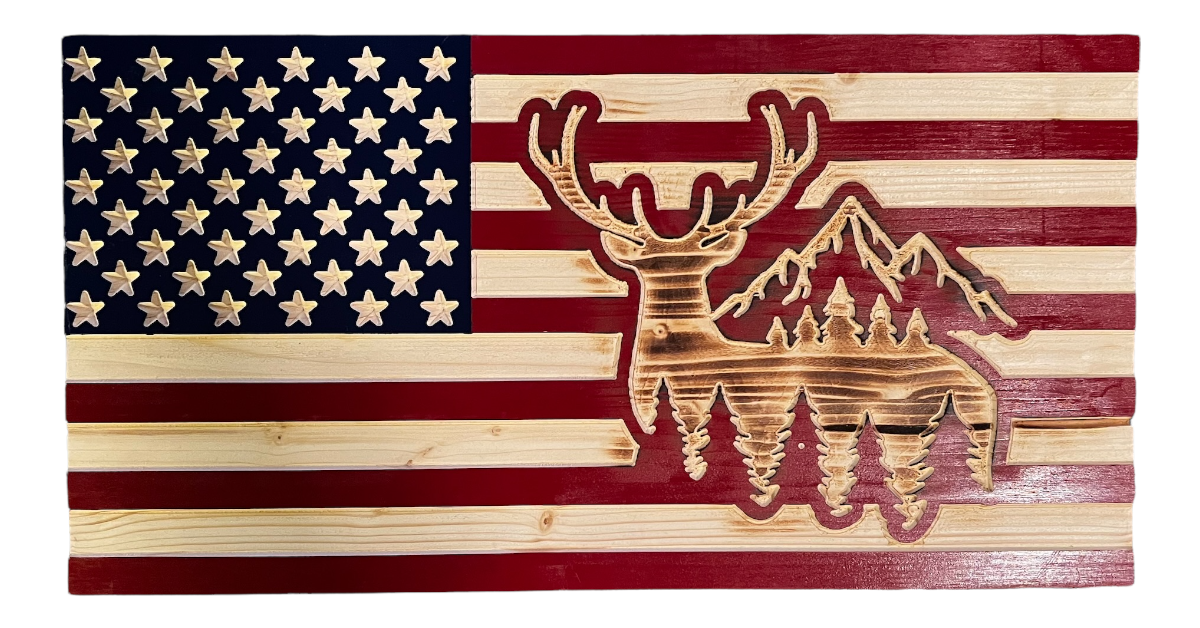 Elk Mountain And Trees Flag (Red White And Blue)