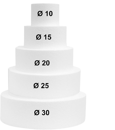 Torta in polistirolo H 5 ogni disco - 5 Pezzi  Ø 10 cm, Ø 15 cm, Ø 20 cm, Ø 25 cm, Ø 30 cm