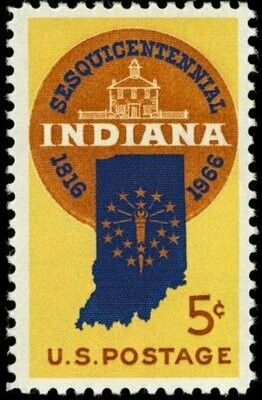 Francobollo - Stati Uniti -Sesquicentennial Seal, Map of Indiana with Stars & Old Capit 5 C - 1966 - Usato
