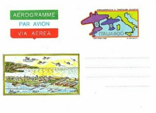 interi postali Rep. Italia - Aerogramma 1 luglio  1983 - Trasvolata atlantica 500 L. - Orbetello e idrovolanti