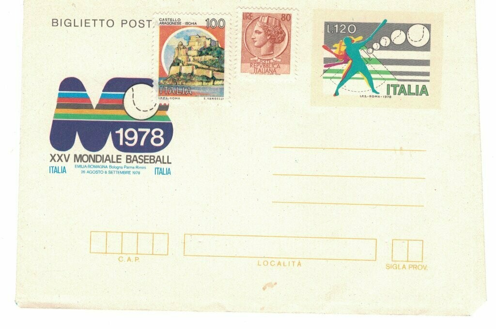 interi postali Rep. Italia - Biglietto postale  1978 - Mondiali di baseball - 120 L. -1978