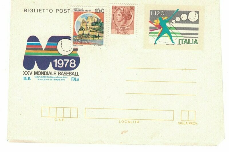 interi postali Rep. Italia - Biglietto postale  1978 - Mondiali di baseball - 120 L. -1978