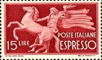 Francobollo - Rep. Italia - Horse and torch bearer - 15 L - 1947 - Usato