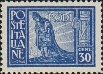 Francobollo - Egeo Rodi - Views- Crusader kneeling in prayer - 30 C - 1929 - Usato