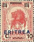 Francobollo - Eritrea - Lion (Panthera leo) - Overcharged Blue - 10 c. / 1 anna - 1924 - Usato