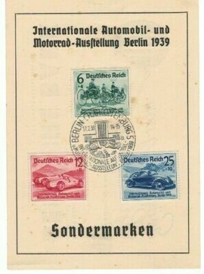 Francobollo- Germania 1939 - Automobile Exhibition in Berlin serie completa + annullo 1°gg (foglietto)