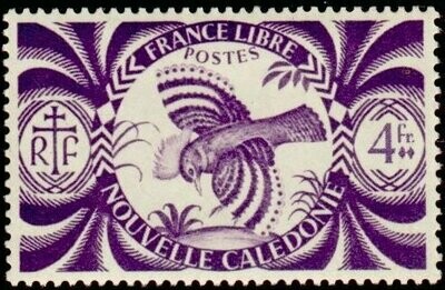 Francobollo - Nuova Caledonia - Kagu (Rhynochetos jubatus) - 4 FR - 1942 - Usato