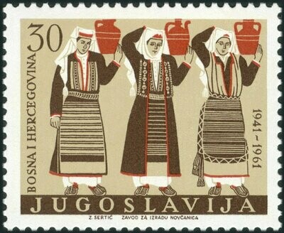 Francobollo - Yugoslavia - Folk Costumes of Bosnia and Herzegovina - 30 D - 1961 -Usato