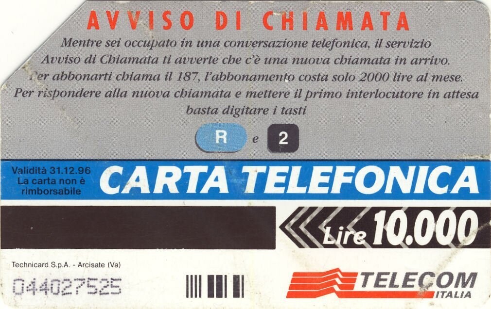 carte telefoniche - R2 - Avviso Di Chiamata -italia da L.10000 Technicard S.p.A. (catalogo) C&C:2445, Gol:407 Usata