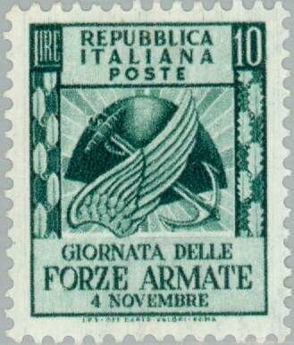 Francobollo - Rep. Italia - Wings, sword and anchor - 10 L. - 1952 - Usato