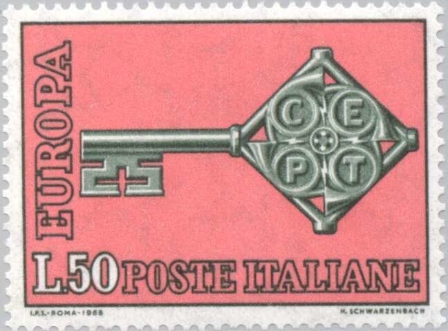 Francobollo - Rep. Italia - EUROPA - Key with CEPT emblem in key grip - 50 L - 1968 - Usato