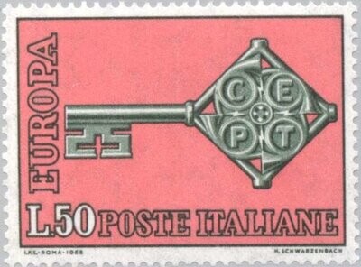 Francobollo - Rep. Italia - EUROPA - Key with CEPT emblem in key grip - 50 L - 1968 - Usato