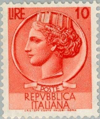 Francobollo - Rep. Italia - Coin of Syracuse - 10 L - 1955 - Usato