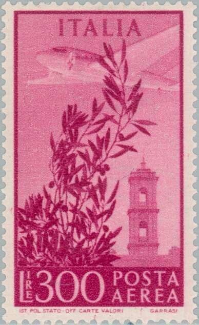 Francobollo - Rep. Italia - Olive tree, airplane and tower of Campidoglio - 300 L - 1948 - Usato