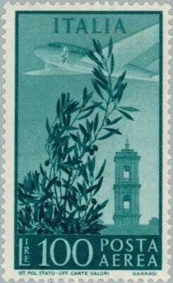 Francobollo - Rep. Italia - Olive tree, airplane and tower of Campidoglio - 100 L - 1948 - Usato