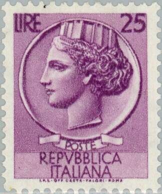 Francobollo - Rep. Italia - Coin of Syracuse - 25 L - 1955 - Usato