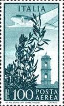 Francobollo - Rep. Italia - Olive tree, airplane and tower of Campidoglio - 100 L - 1955 - Usato