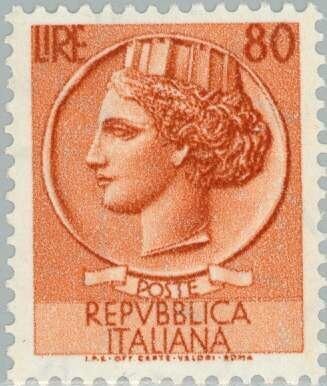 Francobollo - Rep. Italia - Coin of Syracuse - 80 L - 1955 - Usato