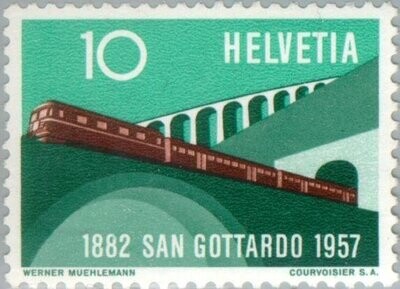 Francobollo - Svizzera - Civil structures of the Gotthard railway & train - 10 C - 1957 - Usato
