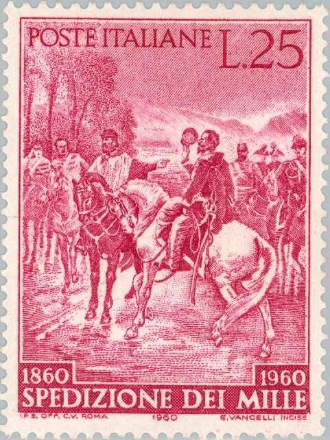 Francobollo - Usato - Italia - 1960 - Meeting between Garibaldi and Vittorio Emanuele II - Centenario della spedizione dei Mille - ₤ - Italia - lira 25