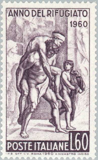Francobollo - Usato - Italia - 1960 - The flight of Aeneas - Anno mondiale del rifugiato - ₤ - Italia - lira 60