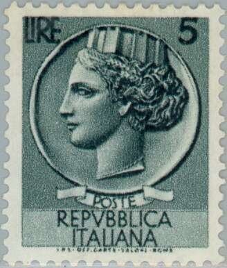 Francobollo - Usato - Italia - 1953 - Coin of Syracuse - Siracusana - ₤ - Italia - lira 5