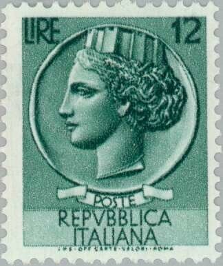 Francobollo - Usato - Italia - 1953 - Coin of Syracuse - Siracusana - ₤ - Italia - lira 12