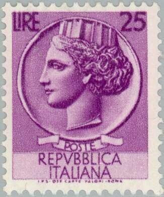 Francobollo - Usato - Italia - 1953 - Coin of Syracuse - Siracusana - ₤ - Italia - lira 25