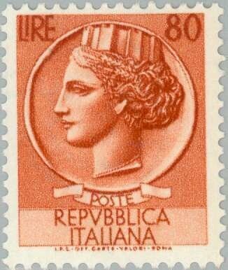 Francobollo - Usato - Italia - 1953 - Coin of Syracuse - Siracusana - ₤ - Italia - lira 80