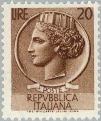Francobollo - Usato - Italia - 1953 - Coin of Syracuse - Siracusana - ₤ - Italia - lira 20