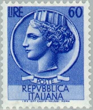 Francobollo - Usato - Italia - 1953 - Coin of Syracuse - Siracusana - ₤ - Italia - lira 60