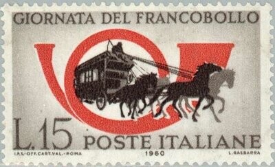Francobollo - Usato - Italia - 1960 - Second Stamp Day - Posthorn & Postal Coach - Giornata del francobollo - ₤ - Italia - lira 15