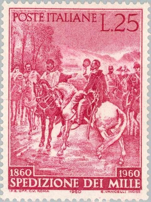 Francobollo - Usato - Italia - 1960 - Meeting between Garibaldi and Vittorio Emanuele II - Centenario della spedizione dei Mille - ₤ - Italia - lira 25 Francobollo - Usato - Italia - 1960 - Meeting between Garibaldi and Vittorio Emanuele II - Centenario della spedizione dei Mille - ₤ - Italia - lira 25
