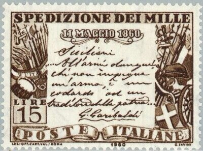 Francobollo - Usato - Italia - 1960 - Proclaim of Garibaldi in Sicily - Centenario della spedizione dei Mille - ₤ - Italia - lira 15