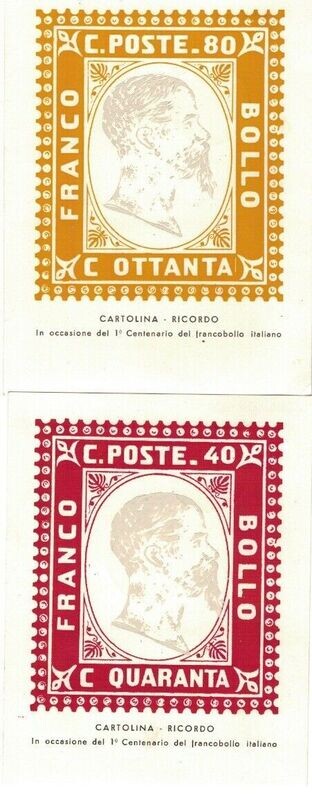 2 Cartoline-Ricordo cong filatelico Trieste e centenario 1°francobollo italiano